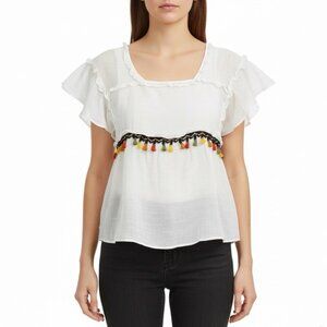 Zac & Rachel Womens White Tassel-Trim Ruffle Blouse  Bohemian Chic Size S